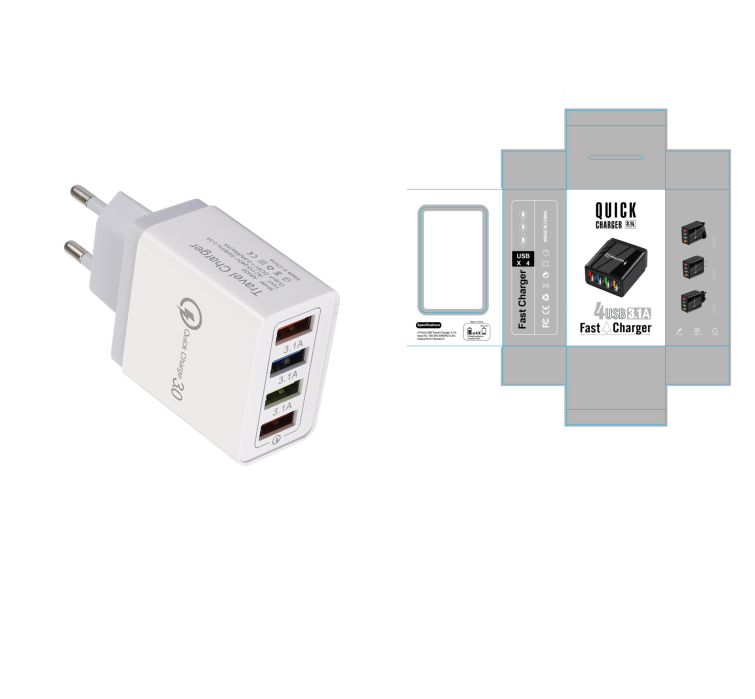 Cargador USB de carga rápida 3,0, adaptador de teléfono de 4 puertos para tableta Huawei IPhone 12, cargador móvil de pared portátil, cargador rápido