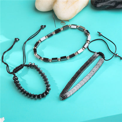 Pulseira masculina pedra ferro preto três conjuntos de pulseiras