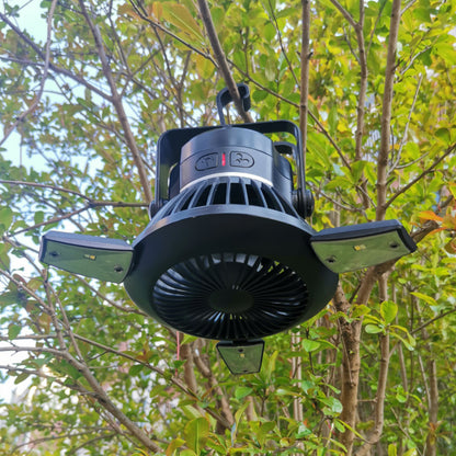 Luz Solar para acampar, ventilador plegable, gancho para colgar, funciona con batería recargable, USB, ventilador de flujo de aire de 3 niveles para tienda de campaña