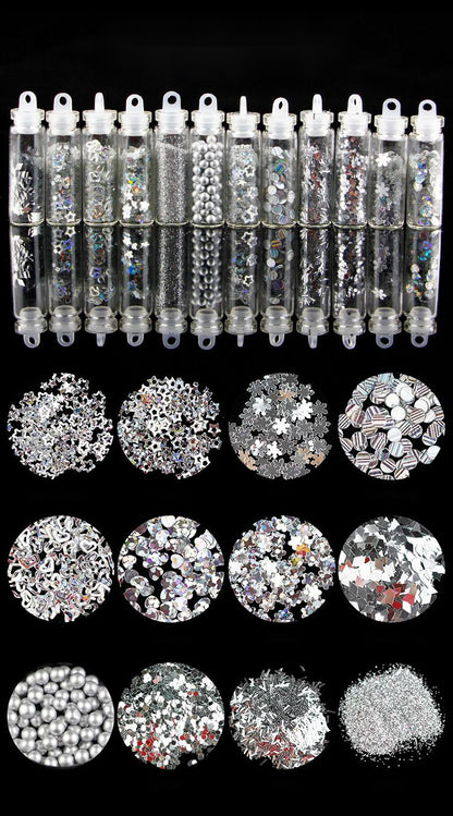 12 Glass Bottle Set Beauty Makeup Manicure Sequins