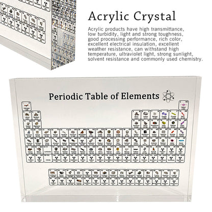 Mesa periódica de elemento químico acrílico, cartão de exibição de aprendizagem, elemento de cristal, artesanato de mesa periódica