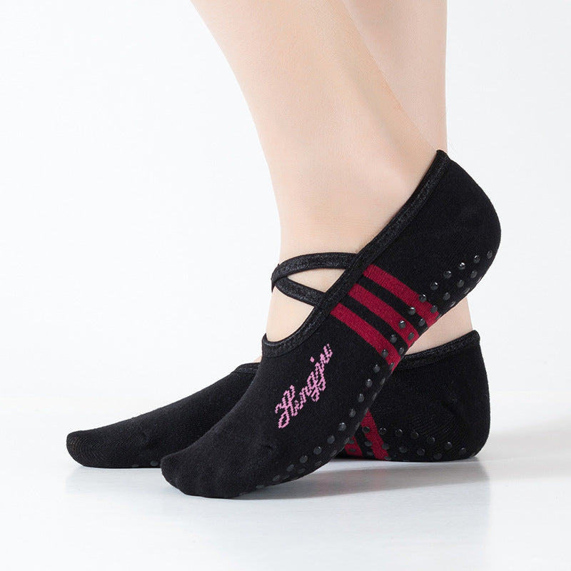 Calcetines de yoga con cuello halter de cabeza redonda con pegamento de punto cruzado para evitar calcetines resbaladizos