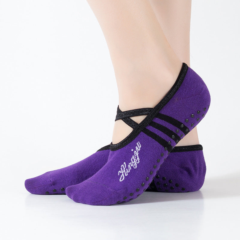 Calcetines de yoga con cuello halter de cabeza redonda con pegamento de punto cruzado para evitar calcetines resbaladizos