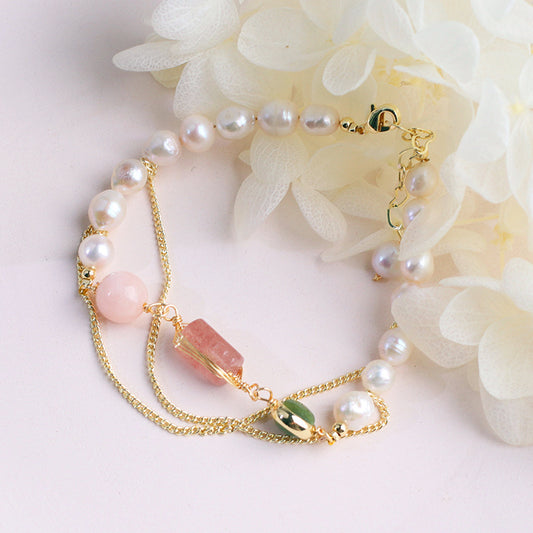 Pulsera de mujer con perlas naturales de agua dulce y cristal de fresa