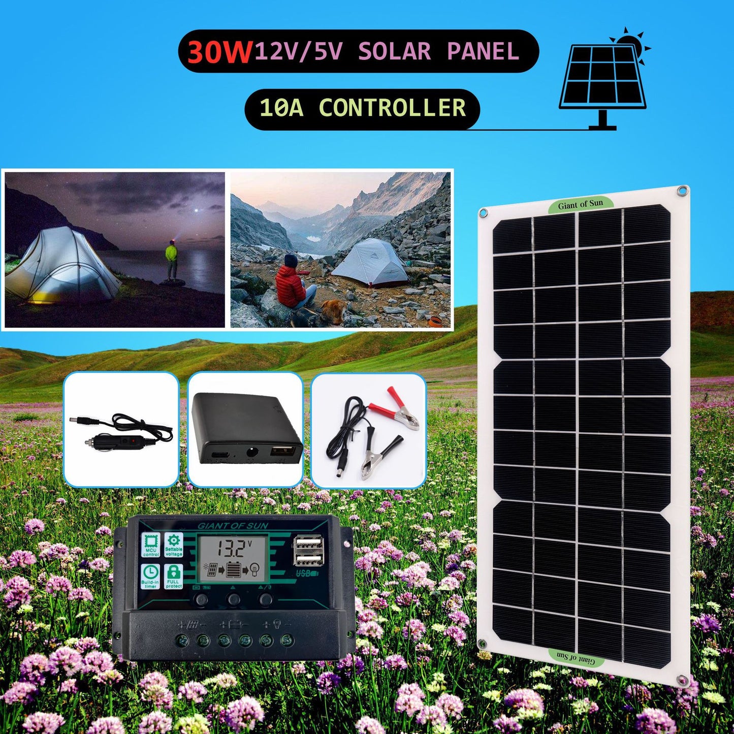 Panel solar para coche, furgoneta, caravana, camper, cargador de batería portátil monocristalino