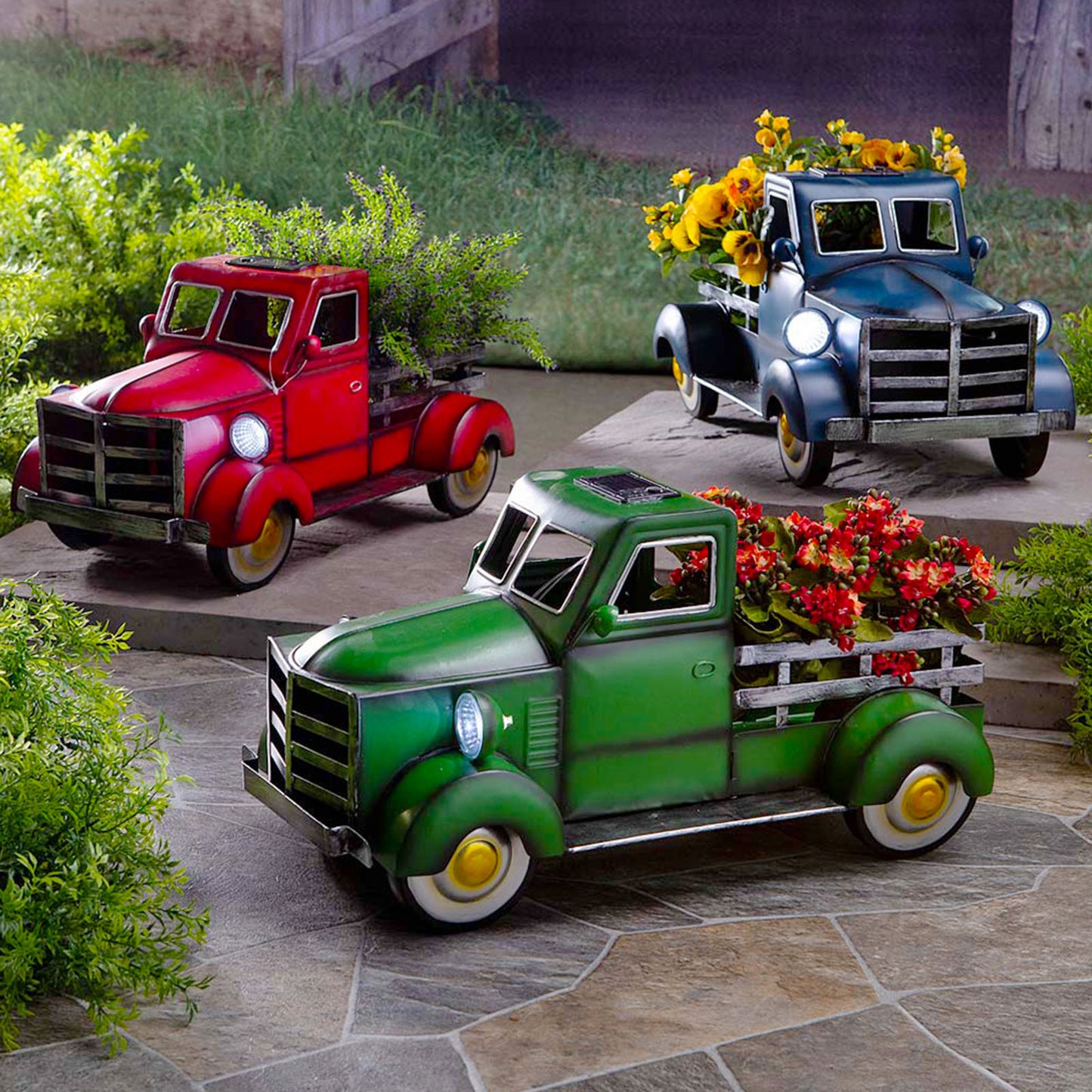 Vaso de flores para caminhão vintage com lâmpada solar captador estilo retrô caminhão captador solar decoração de jardim