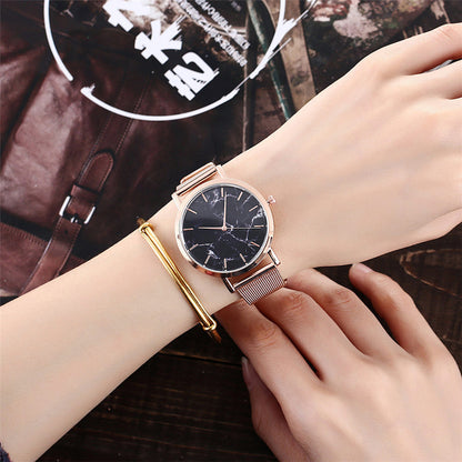 Fashion Silver and Gold Mesh Band Creative Marble Wristwatch