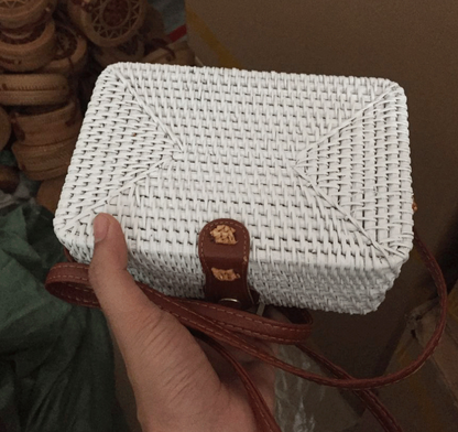 Rattan bag mini bag  retro hand-woven leather buckle bag