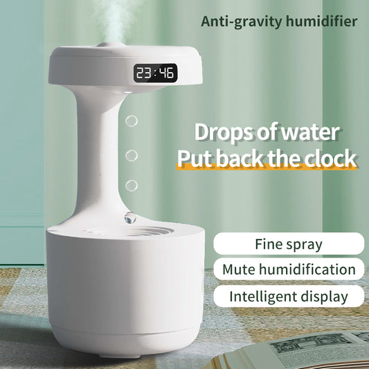 Umidificador anti-gravidade para quarto com relógio Difusor de aroma de refluxo de gota de água Grande capacidade Escritório Quarto Mudo Nevoeiro pesado Pulverizador doméstico