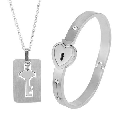 Cerradura de amor de pareja de acero de titanio, pulsera, juego de llaves, collar