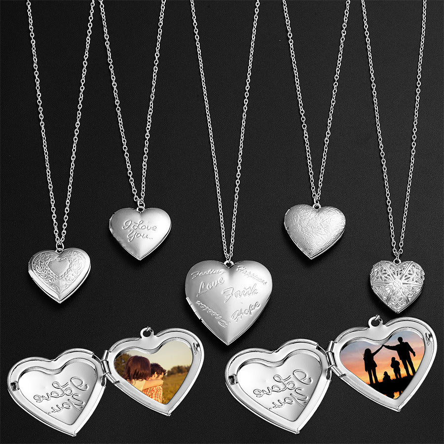 Carved Design Love Necklace Personalized Heart-shaped Photo Frame Pendant