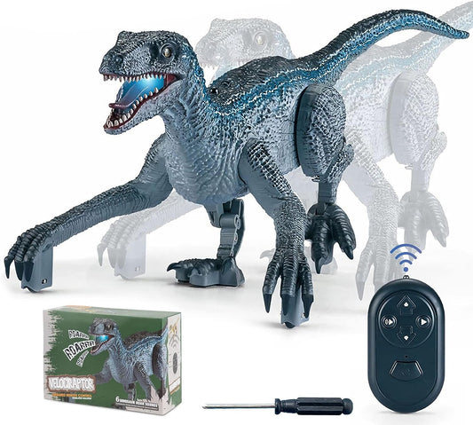 Brinquedos de dinossauro de controle remoto, brinquedo de dinossauro elétrico ambulante para meninos, brinquedos de velociraptor jurássico com sons de simulação realistas e luz para presentes para crianças de 3 a 7 anos