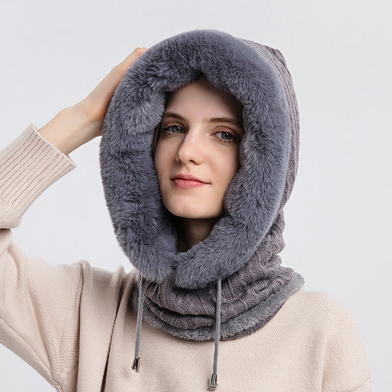 Gorro de felpa grueso de invierno con bufanda, gorros de punto cálidos a prueba de viento con capucha para mujer