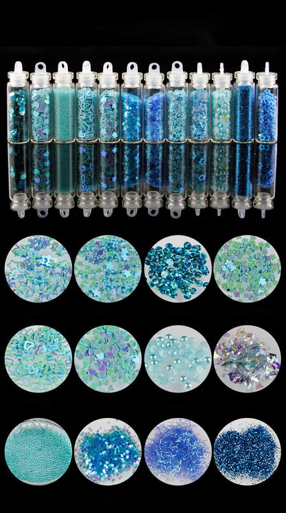 12 Glass Bottle Set Beauty Makeup Manicure Sequins