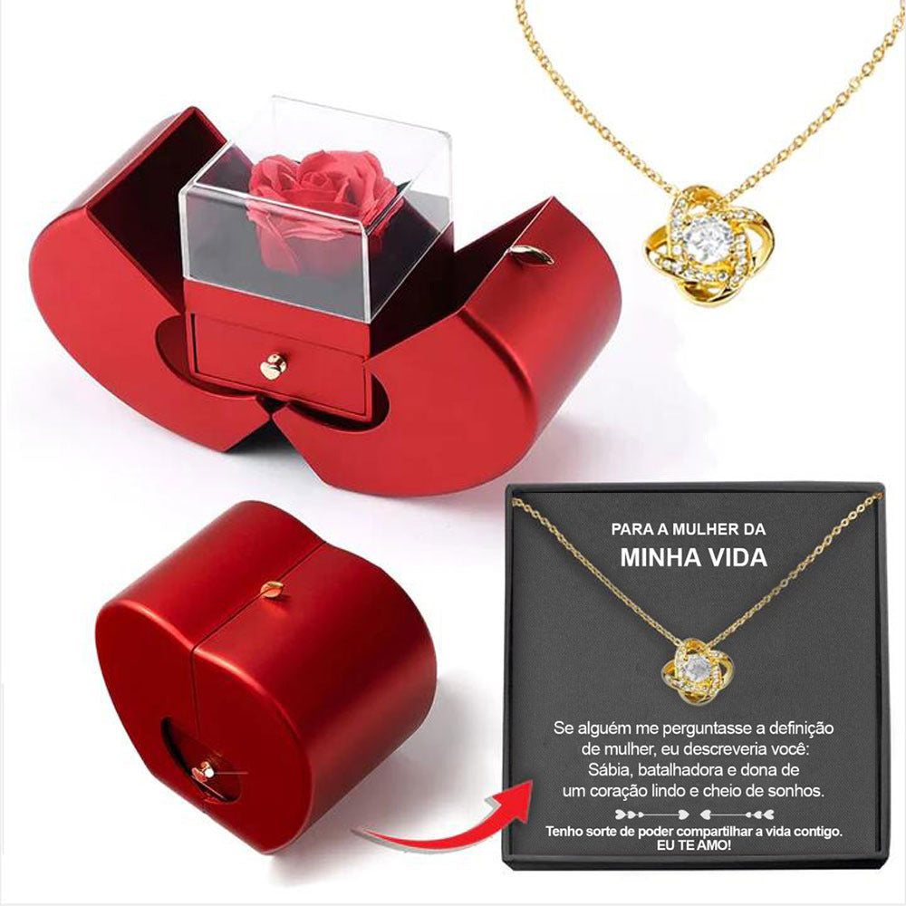 Fashion Red Apple jewelry Box+Necklace With Artificial Rose Flower