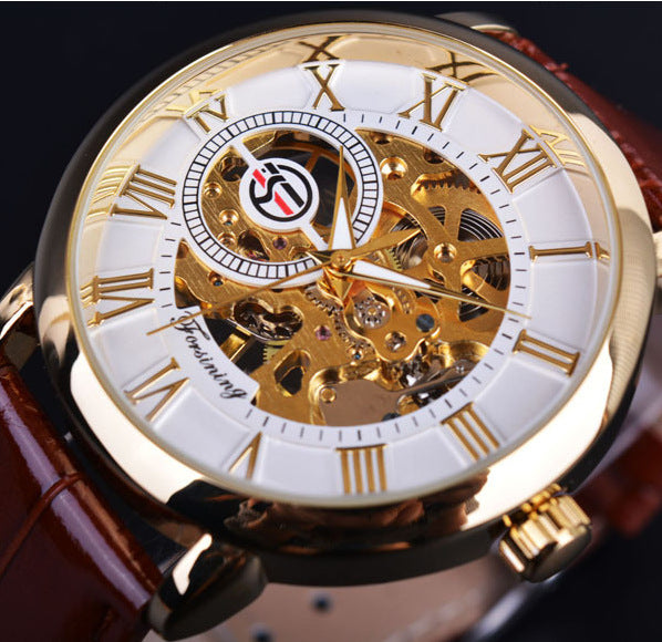 Hollow Mechanical Skeleton Transparent Style Leather Wrist Watch