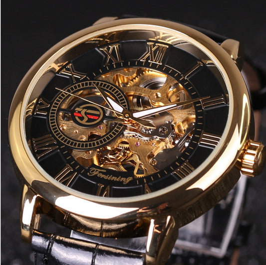 Hollow Mechanical Skeleton Transparent Style Leather Wrist Watch