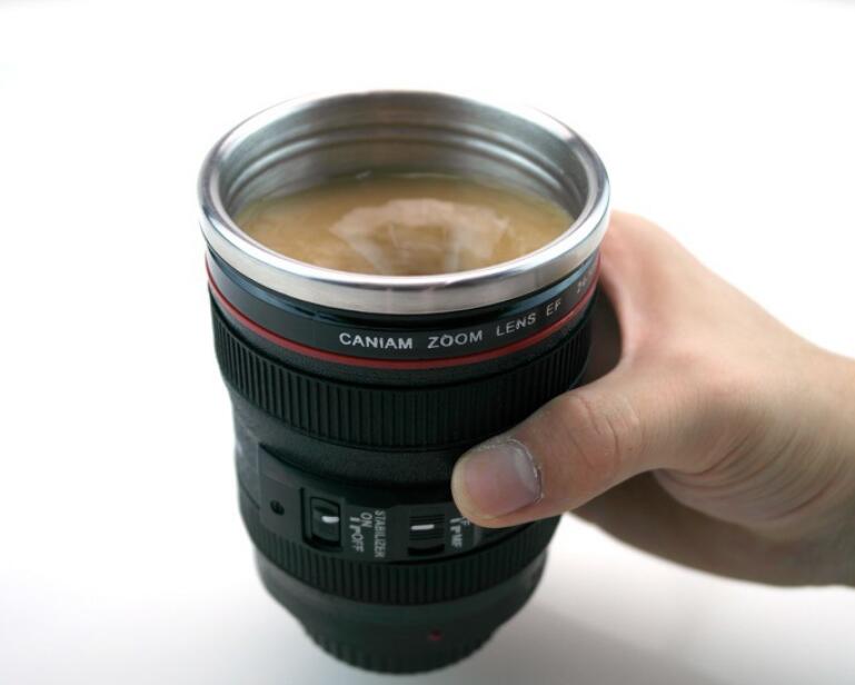 Criativo auto agitação caneca lente da câmera canecas 300ml bateria estilo aço inoxidável leite copos de café para viagens esportivas 