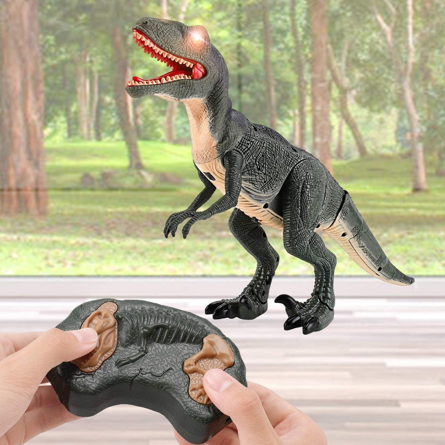 Juguete de dinosaurio que camina con Control remoto RC con cabeza temblorosa, ojos y sonidos iluminados, Velociraptor, regalo para niños