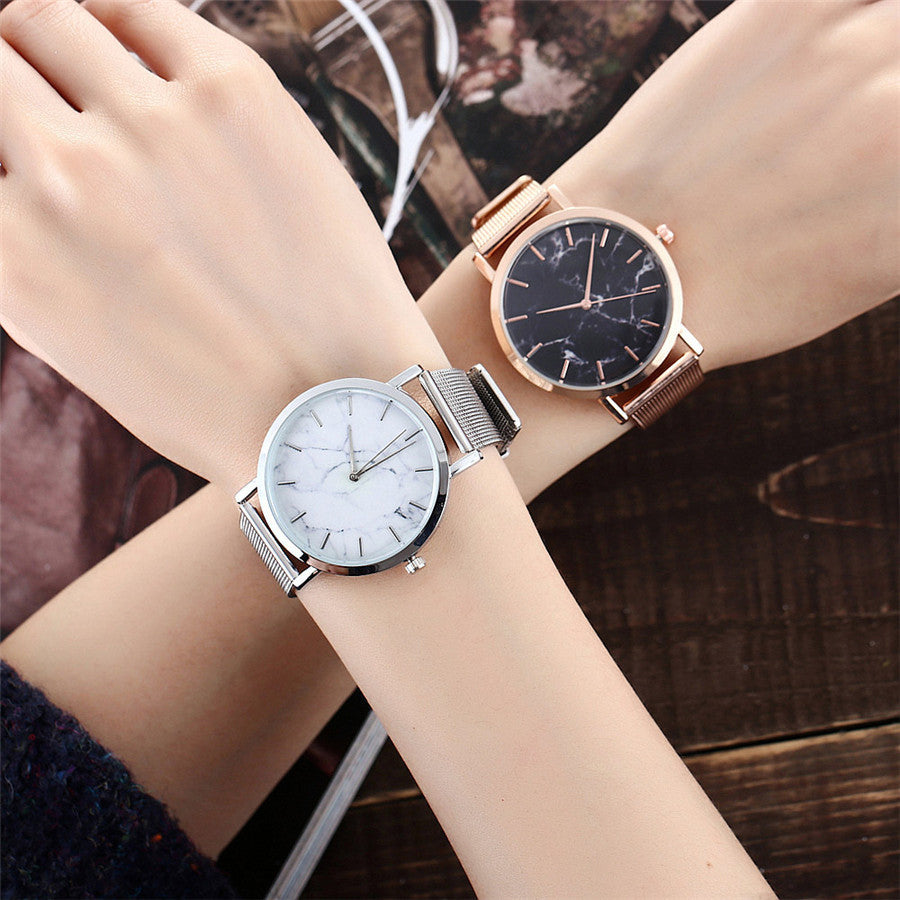 Fashion Silver and Gold Mesh Band Creative Marble Wristwatch