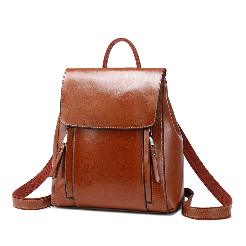 Genuine Leather Handbags Fashion Oil Wax Cowhide Backpack Ladies School Bag