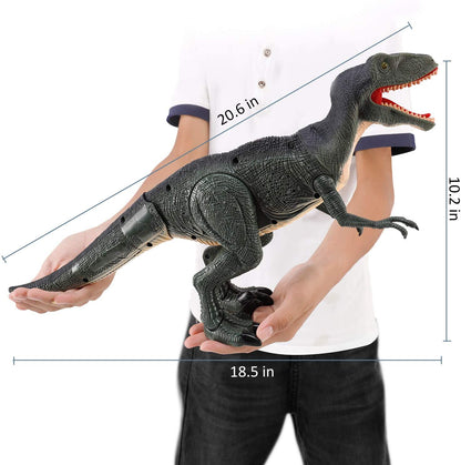 Brinquedo de dinossauro rc com controle remoto e cabeça balançando, olhos iluminados e sons, velociraptor, presente para crianças