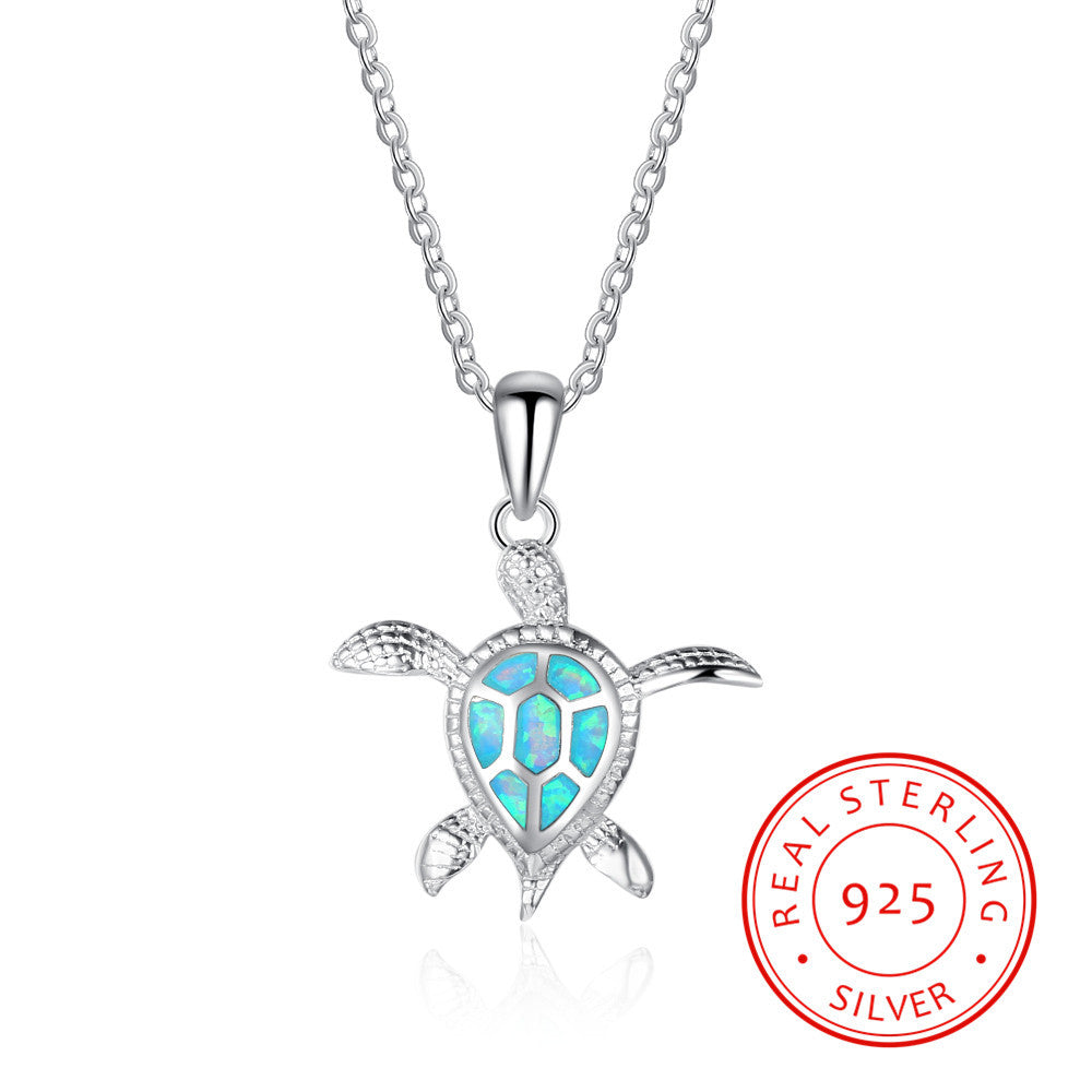 Trendy fashion upscale cute little turtle Opel beach sterling silver pendant