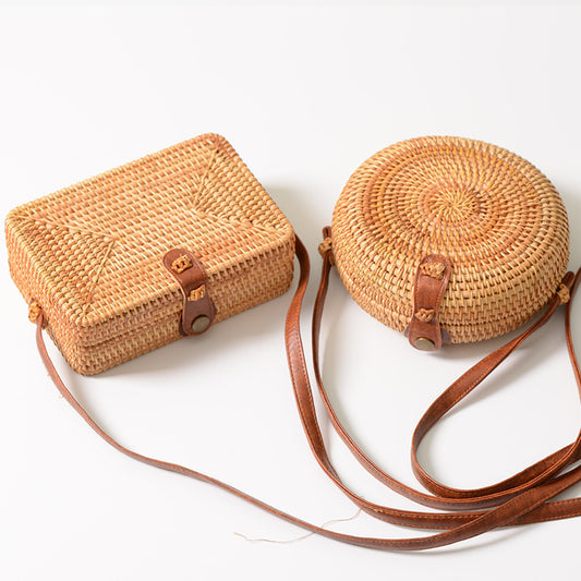 Rattan bag mini bag  retro hand-woven leather buckle bag