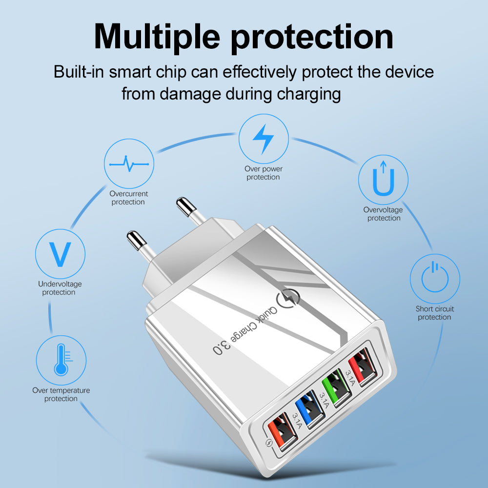 Cargador USB de carga rápida 3,0, adaptador de teléfono de 4 puertos para tableta Huawei IPhone 12, cargador móvil de pared portátil, cargador rápido