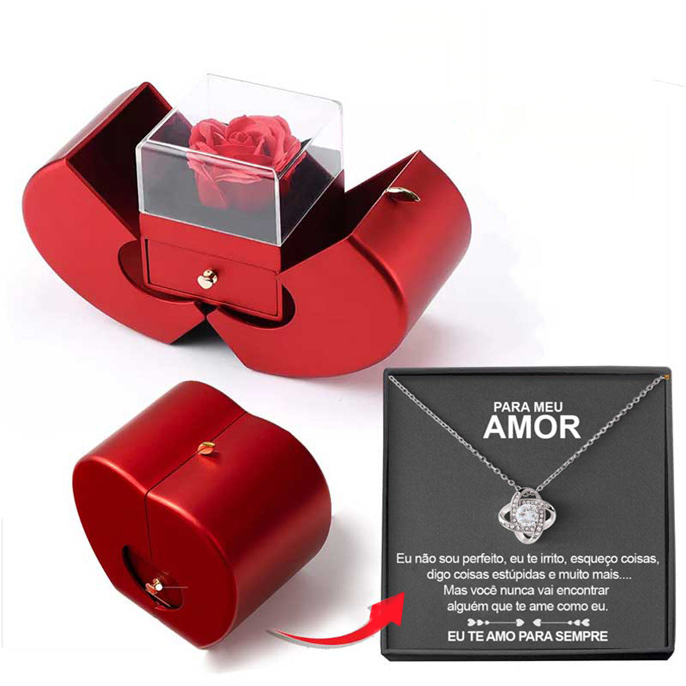 Fashion Red Apple jewelry Box+Necklace With Artificial Rose Flower