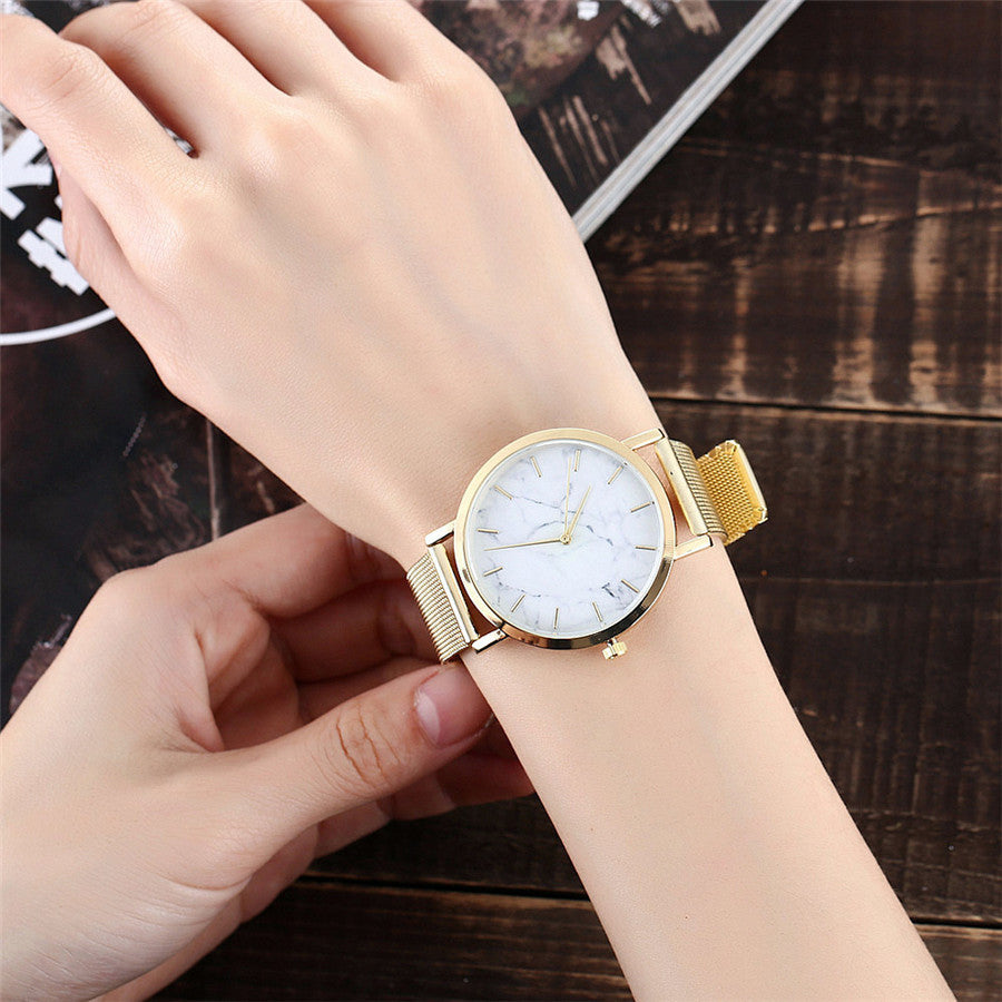 Fashion Silver and Gold Mesh Band Creative Marble Wristwatch