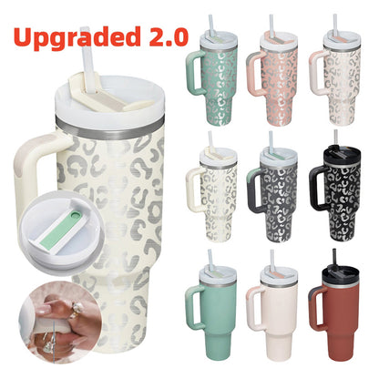 Thermal Mug 40oz Straw Coffee Insulation Cup With Handle, Portable Car Stainless Steel Water Bottle