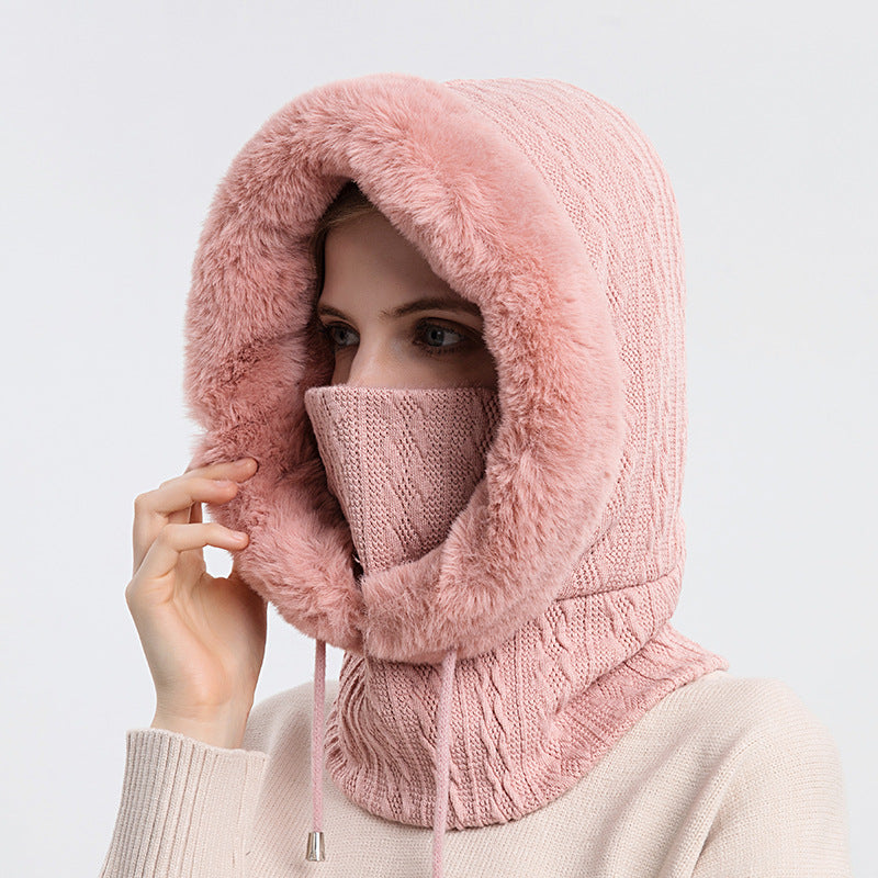 Gorro de felpa grueso de invierno con bufanda, gorros de punto cálidos a prueba de viento con capucha para mujer