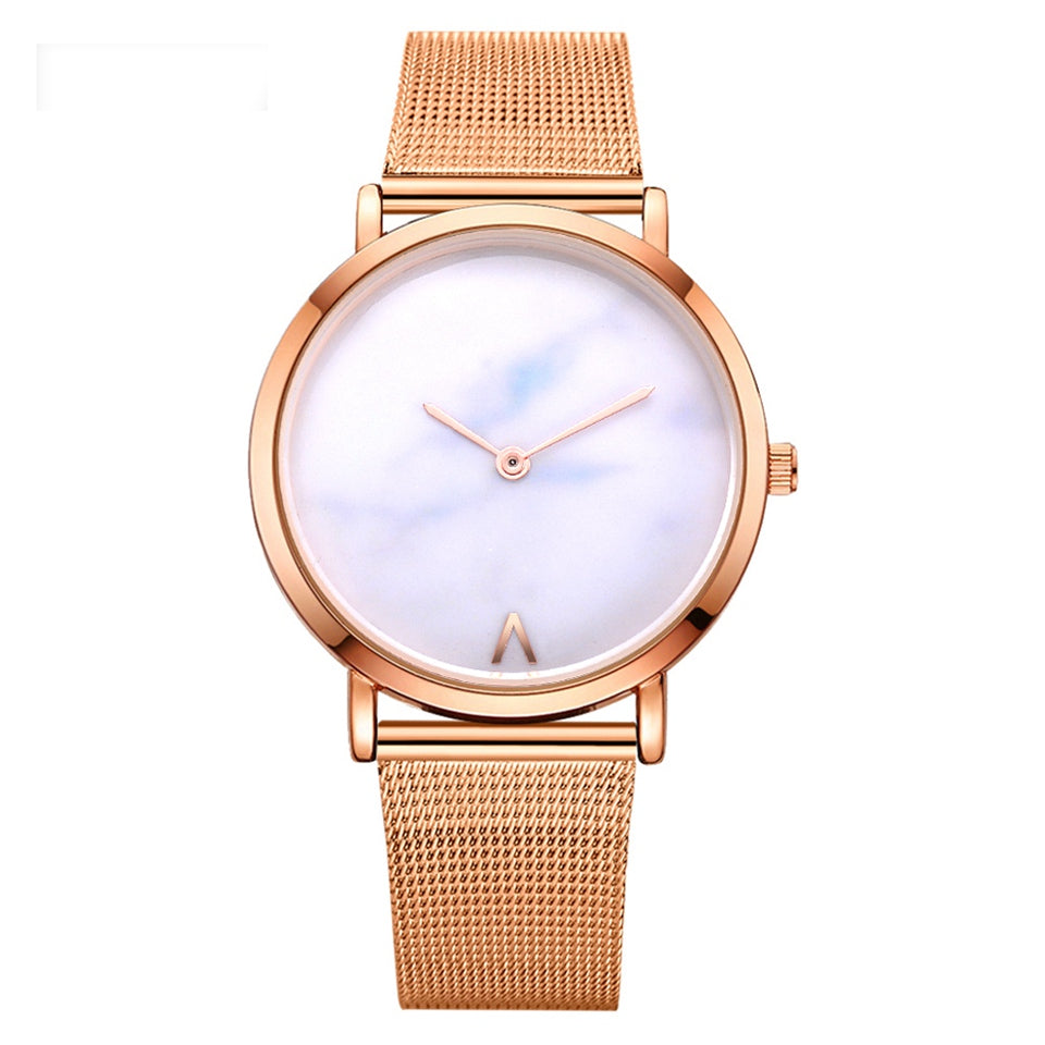 Fashion Silver and Gold Mesh Band Creative Marble Wristwatch