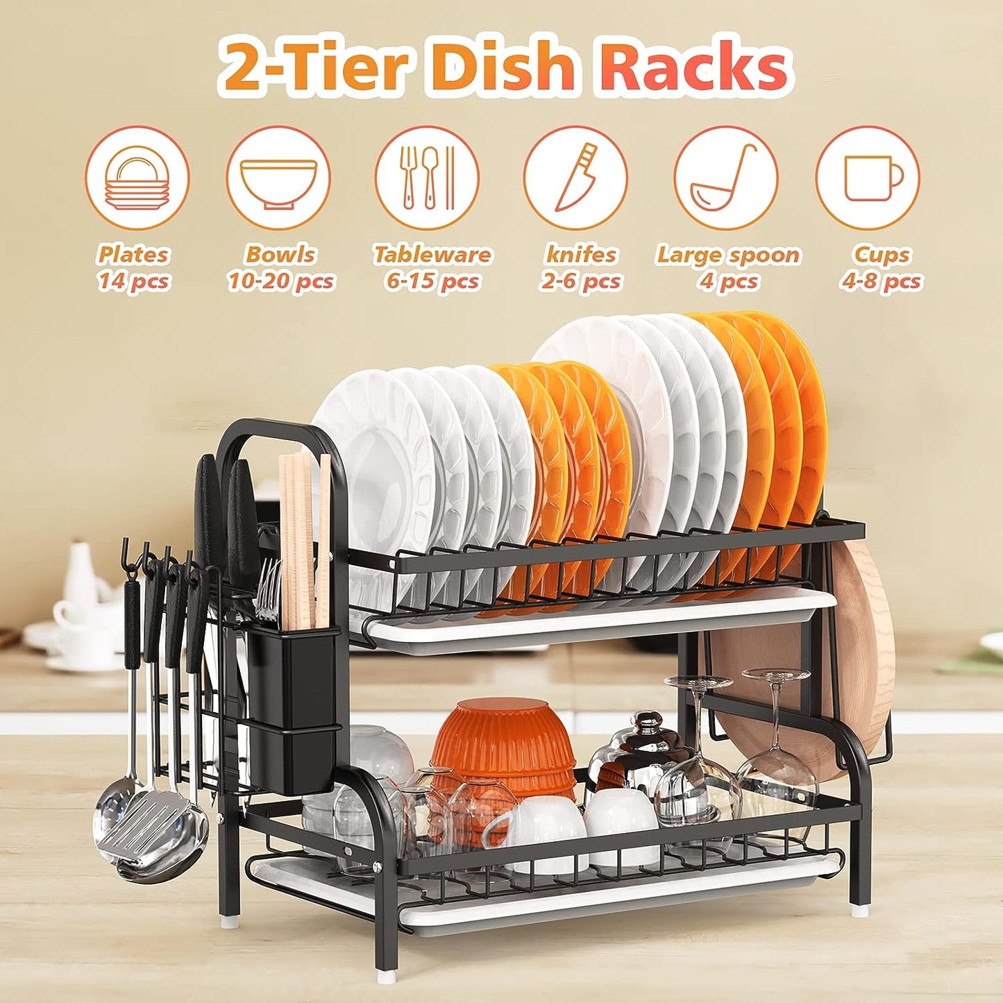 Rack de secagem de pratos, racks de pratos de 2 camadas para balcão de cozinha, escorredor de pratos de pia com escorredor, suporte para utensílios e suporte para tábua de corte, rack de secagem de cozinha em aço inoxidável-preto