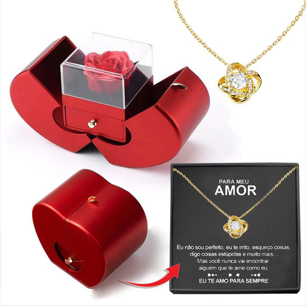 Fashion Red Apple jewelry Box+Necklace With Artificial Rose Flower