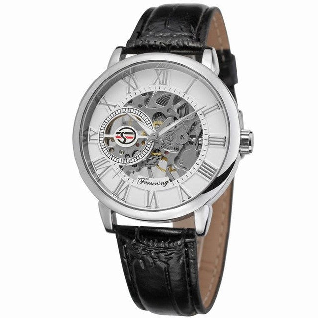 Hollow Mechanical Skeleton Transparent Style Leather Wrist Watch