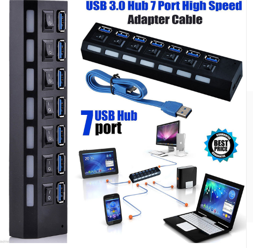 HUB EXTERNO 7PORT USB3.0 DE ALTA VELOCIDADE COM ADAPTADOR DE ENERGIA 