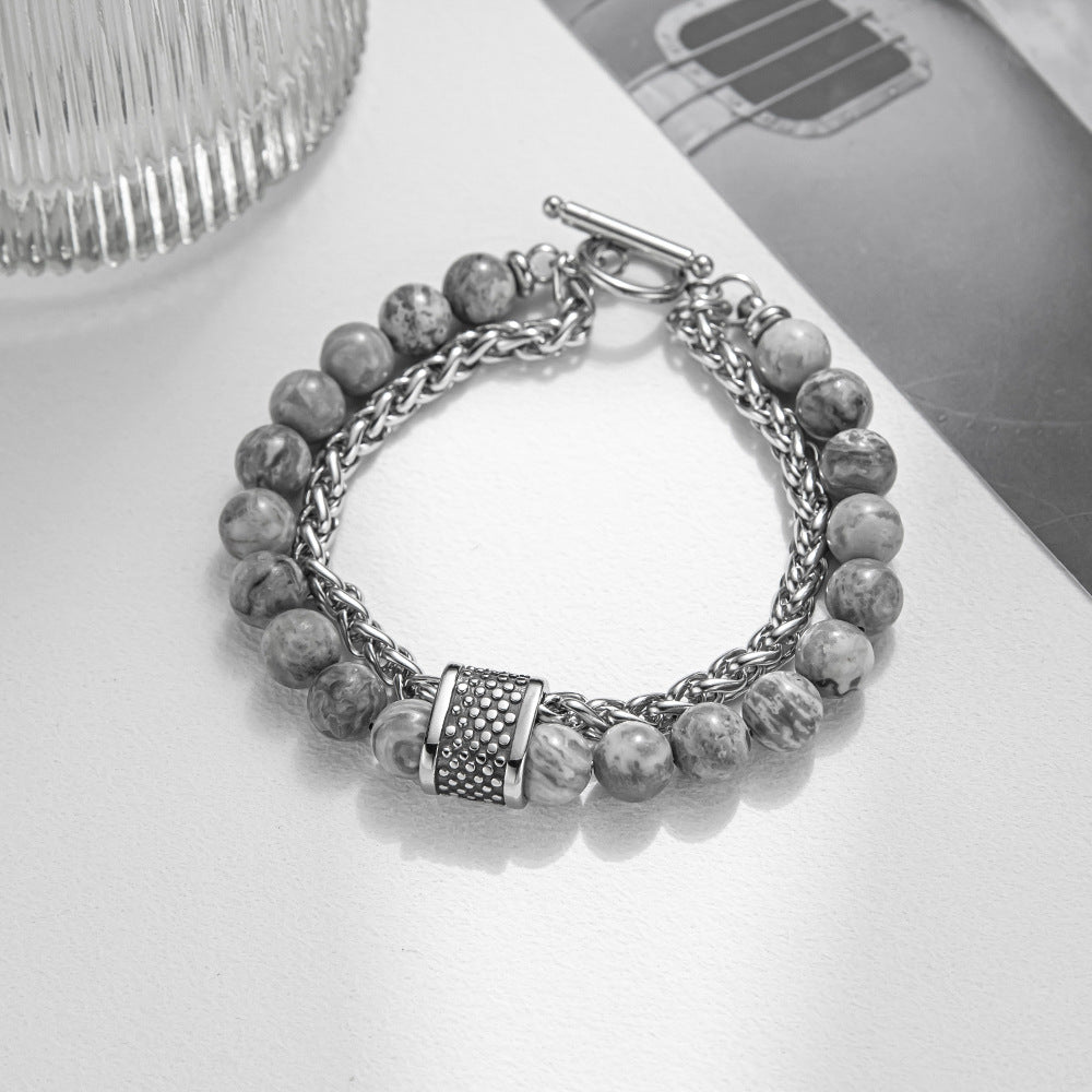 Natural Stone Frosted Bead Chain Beaded Titanium Steel Bracelet