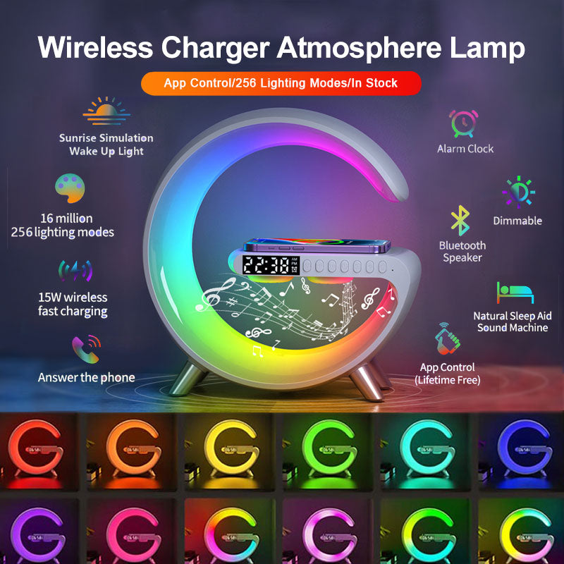 Nova lâmpada led inteligente alto-falante bluetooth carregador sem fio atmosfera lâmpada controle app para o quarto decoração de casa