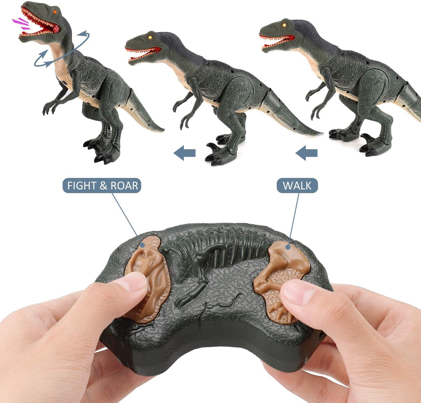 Brinquedo de dinossauro rc com controle remoto e cabeça balançando, olhos iluminados e sons, velociraptor, presente para crianças