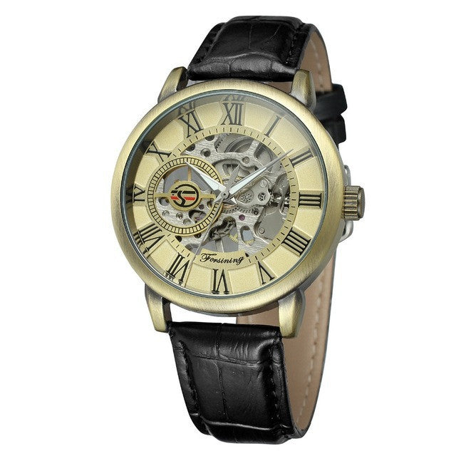 Hollow Mechanical Skeleton Transparent Style Leather Wrist Watch