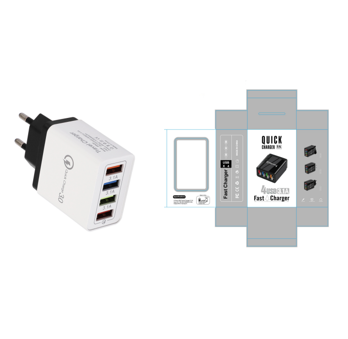 Cargador USB de carga rápida 3,0, adaptador de teléfono de 4 puertos para tableta Huawei IPhone 12, cargador móvil de pared portátil, cargador rápido