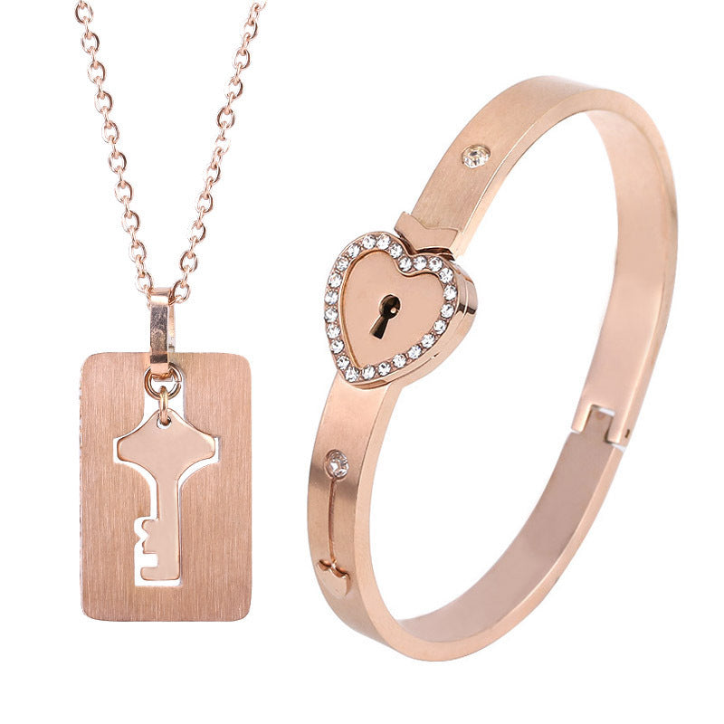 Titanium Steel Couple Love Lock, Bracelet, Key Set, Necklace