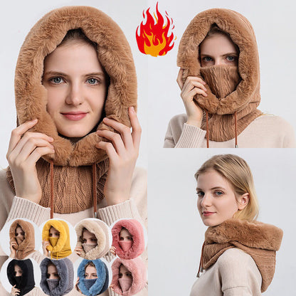 Gorro de felpa grueso de invierno con bufanda, gorros de punto cálidos a prueba de viento con capucha para mujer