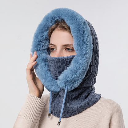 Gorro de felpa grueso de invierno con bufanda, gorros de punto cálidos a prueba de viento con capucha para mujer