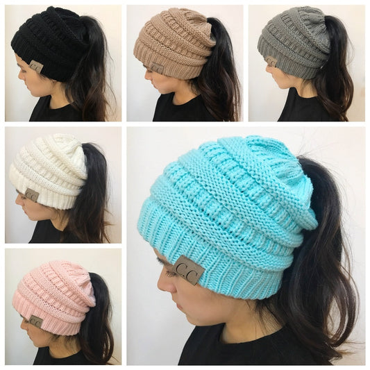 High Bun Ponytail Beanie Hat Chunky Soft Stretch Cable Knit