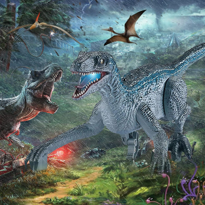 Brinquedos de dinossauro de controle remoto, brinquedo de dinossauro elétrico ambulante para meninos, brinquedos de velociraptor jurássico com sons de simulação realistas e luz para presentes para crianças de 3 a 7 anos