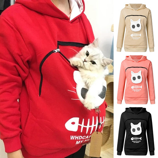 Hoodie Sweatshirt With Cat Dog Pet Pocket Design Long Sleeve Sweater Cat Outfit