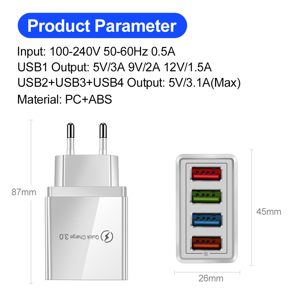 Carregador usb carga rápida 3.0 4 portas adaptador de telefone para huawei iphone 12 tablet portátil carregador móvel parede carregador rápido